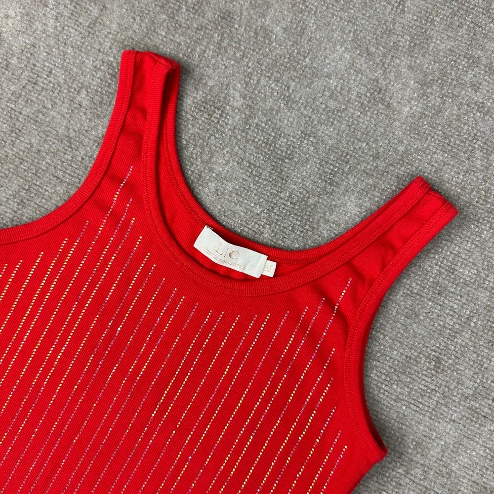 L|C Lizette Collection Tank Top Womens Medium Red Ribbed Rhinestones Round Neck